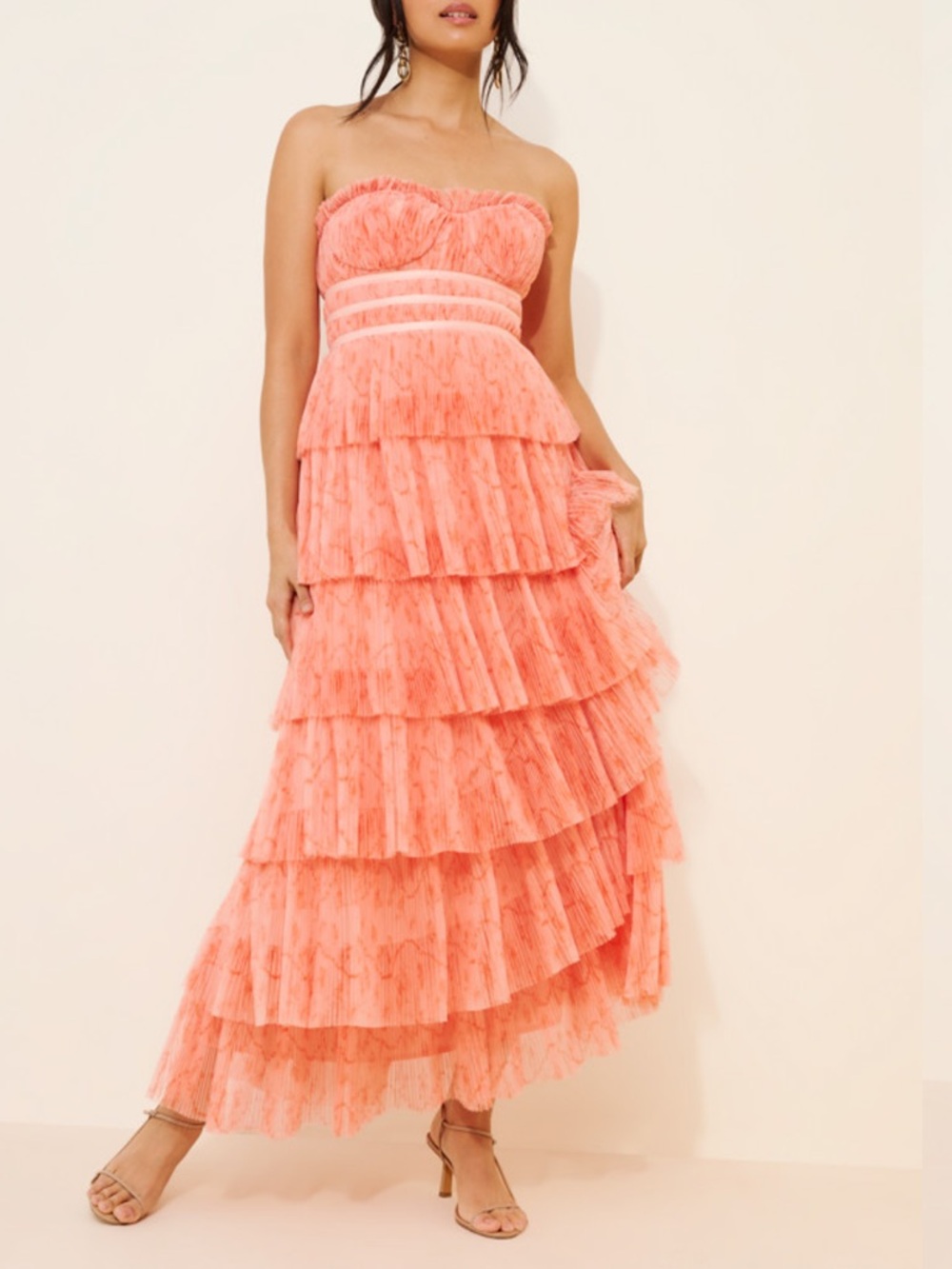 Anthro Hutch Monaco Strapless Coral Tiered Ruffle Dress